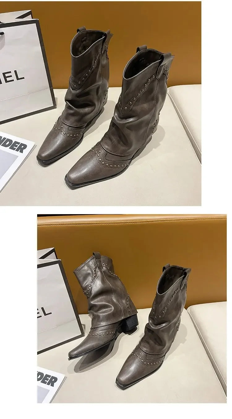Retro Western Cowboy Boots - Pointed Toe Block Heel Mid-Calf Boots for Women