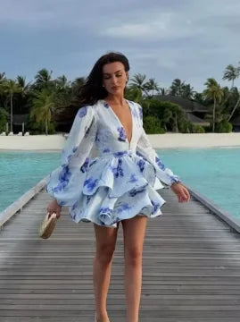 Floral Print Ruffle Mini Dress - Layered V-Neck Evening Party Dress for Women