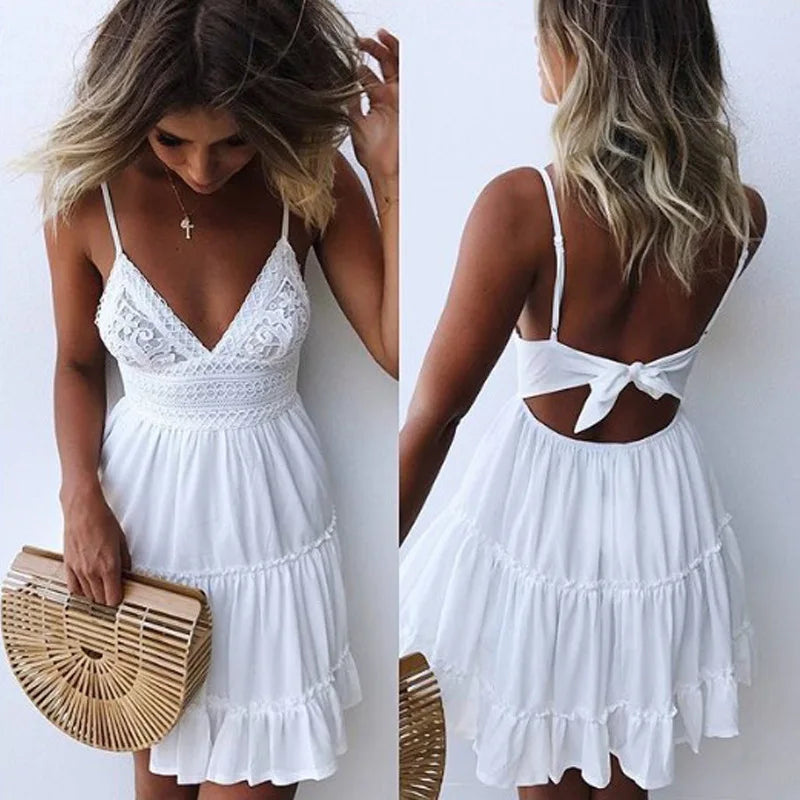 Women's Spaghetti Strap Mini Dress - V-Neck Lace-Up Beach Party Dress