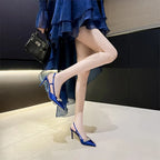 Satin Rhinestone Flower Heeled Sandals - Pointed Toe Stiletto for Women