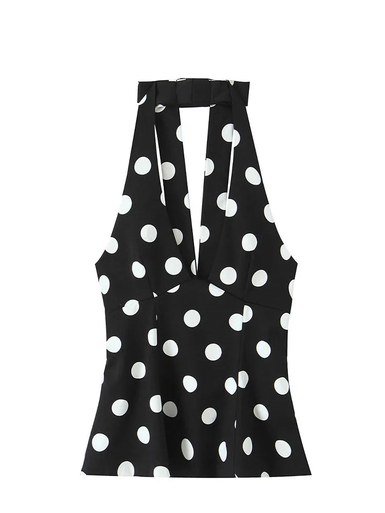 Women's Polka Dot Halter Top - Backless Bow Neck Sleeveless Tank