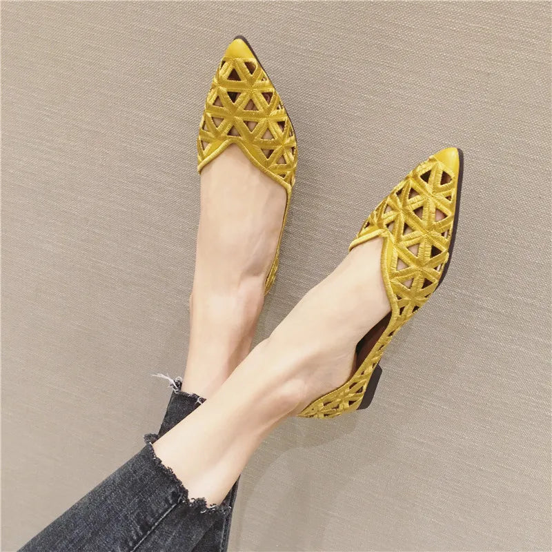 High Quality Women Flat Shoes Fashion Women Ballet Shoes Hollow Breathable Comfortable Casual Shoes Elegant Pointed Toe Sandals
