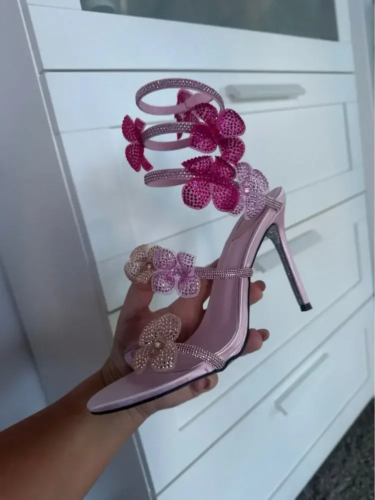 Aneikeh Luxury Designer Pink Flower Rhinestone High Heels Sandals Shoe Sexy Wrap Strap Open Toe Stripper Prom Party Ladies Shoes