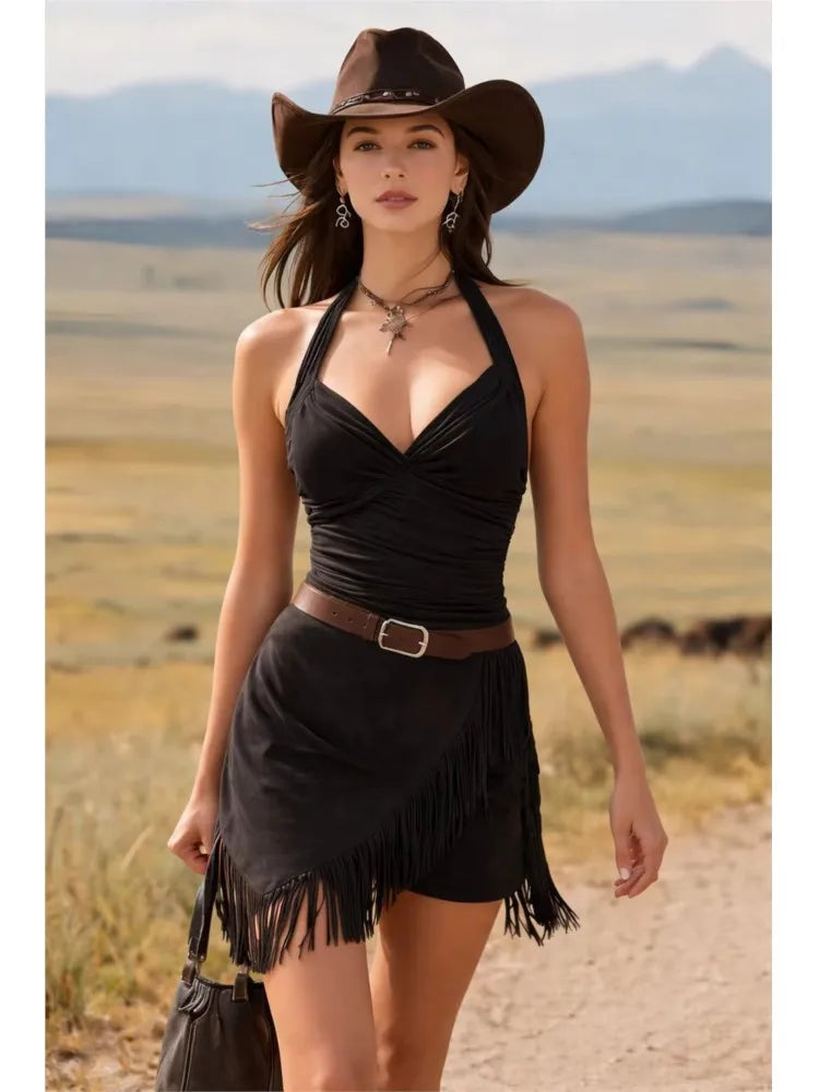 Vestido Halter Estilo Western con Flecos — Primavera/Verano 2026