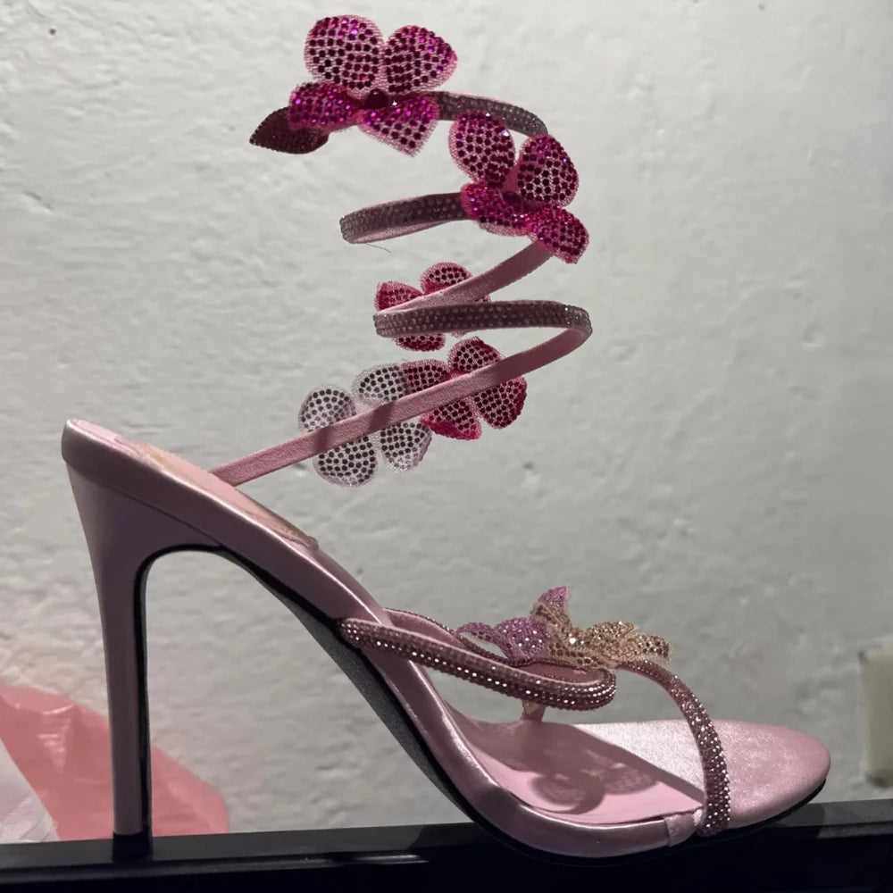 Aneikeh Luxury Designer Pink Flower Rhinestone High Heels Sandals Shoe Sexy Wrap Strap Open Toe Stripper Prom Party Ladies Shoes
