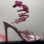 Aneikeh Luxury Designer Pink Flower Rhinestone High Heels Sandals Shoe Sexy Wrap Strap Open Toe Stripper Prom Party Ladies Shoes