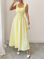 Vestido Casual Amarillo para Mujer | Smocked, Cuello Cuadrado, Largo hasta el Tobillo