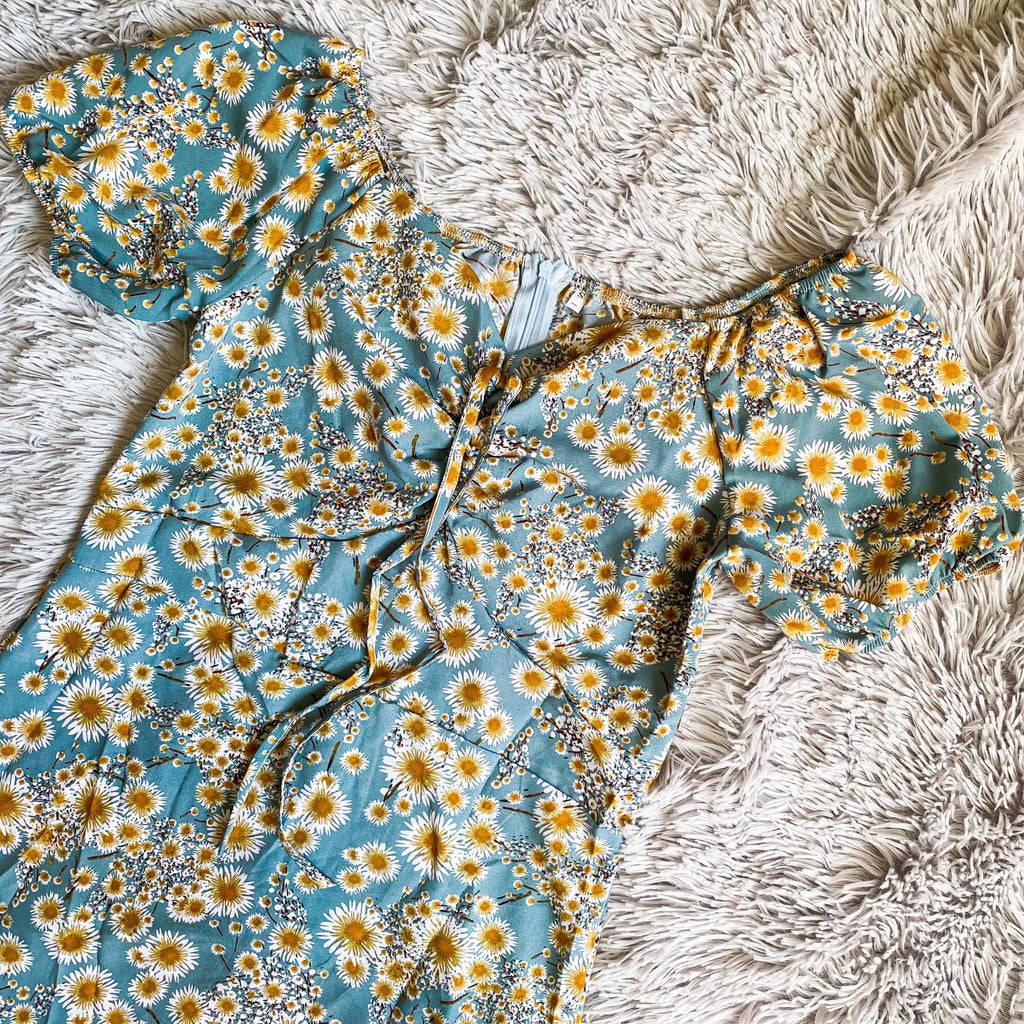 Women's Floral Chiffon Mini Dress - Puff Sleeve V-Neck Casual Dress