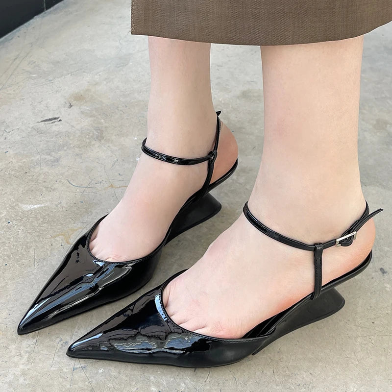 Sculptural Heel Pointed Toe Pumps - Buckle Strap Fashion Heels for Women
