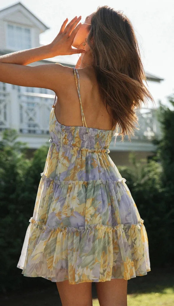 Floral Chiffon Spaghetti Strap Mini Dress - Backless Bow Vacation Dress for Women