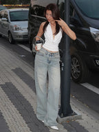 Backless Halter Tank Top - Ruched Swing Collar Skinny Top for Women