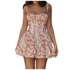 Women's Boho Lace Corset Mini Dress - Backless Ruffle Tie-Up Summer Dress