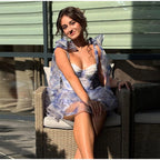 Women's Printed Floral Puffy Mini Dress - Halter Backless Layered Party Dress