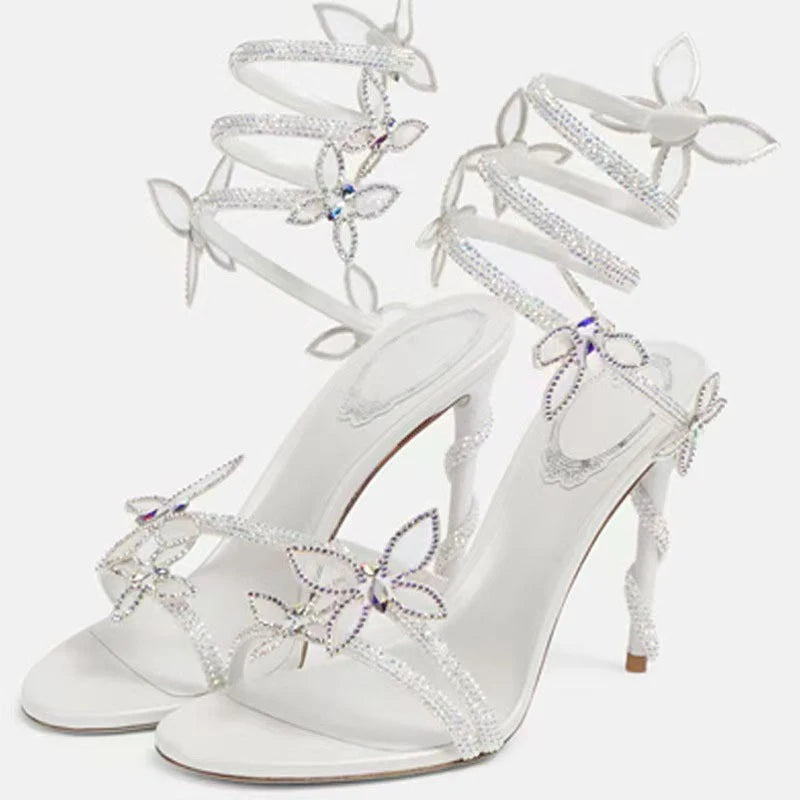 Aneikeh Luxury Designer Pink Flower Rhinestone High Heels Sandals Shoe Sexy Wrap Strap Open Toe Stripper Prom Party Ladies Shoes