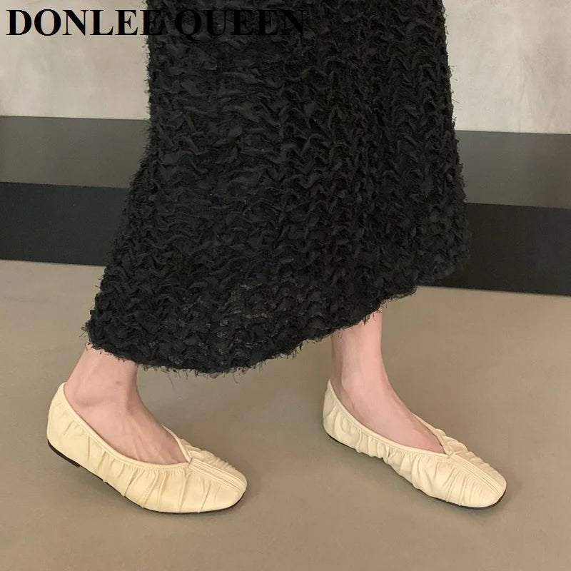 Pleated Square Toe Loafers - Soft Ballerina Flats for Women