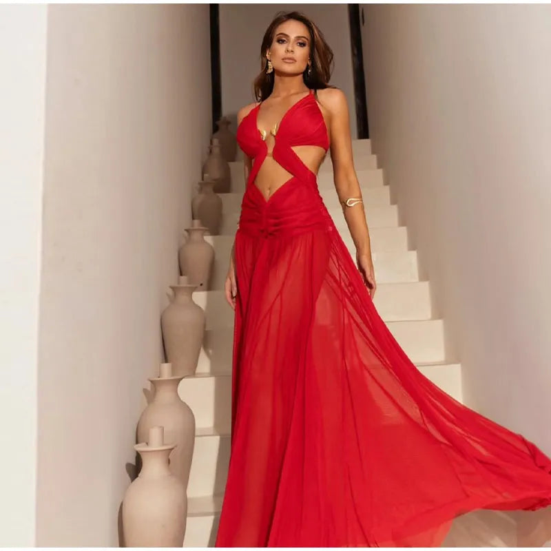 Women's Metal Halter Maxi Dress - Hollow Out Backless Beach Dress