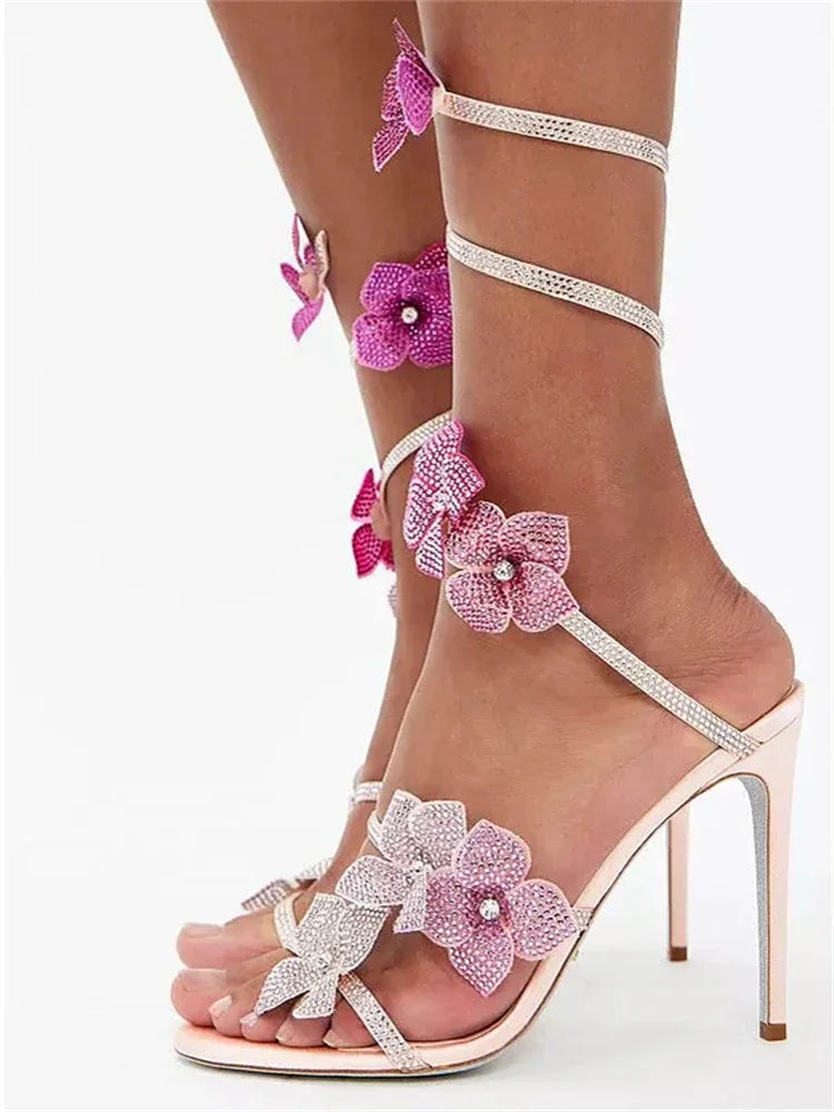 Aneikeh Luxury Designer Pink Flower Rhinestone High Heels Sandals Shoe Sexy Wrap Strap Open Toe Stripper Prom Party Ladies Shoes