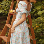 Women's Floral Print Bubble Sleeve Maxi Dress - Square Neck Lace-Up High Waist Split Dress