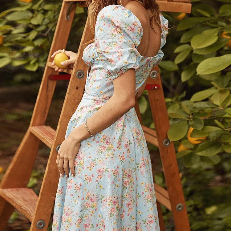 Women's Floral Print Bubble Sleeve Maxi Dress - Square Neck Lace-Up High Waist Split Dress