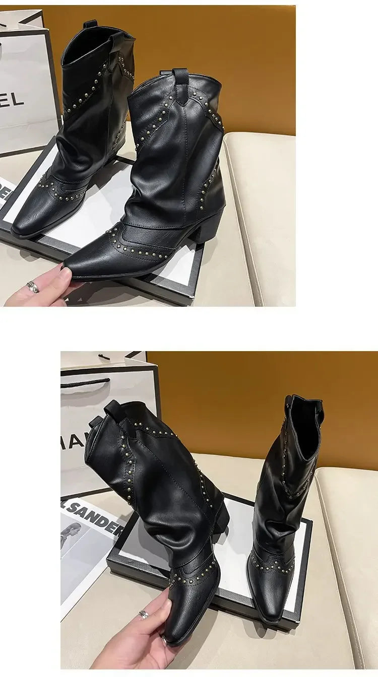 Retro Western Cowboy Boots - Pointed Toe Block Heel Mid-Calf Boots for Women