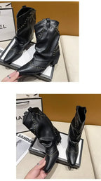 Retro Western Cowboy Boots - Pointed Toe Block Heel Mid-Calf Boots for Women