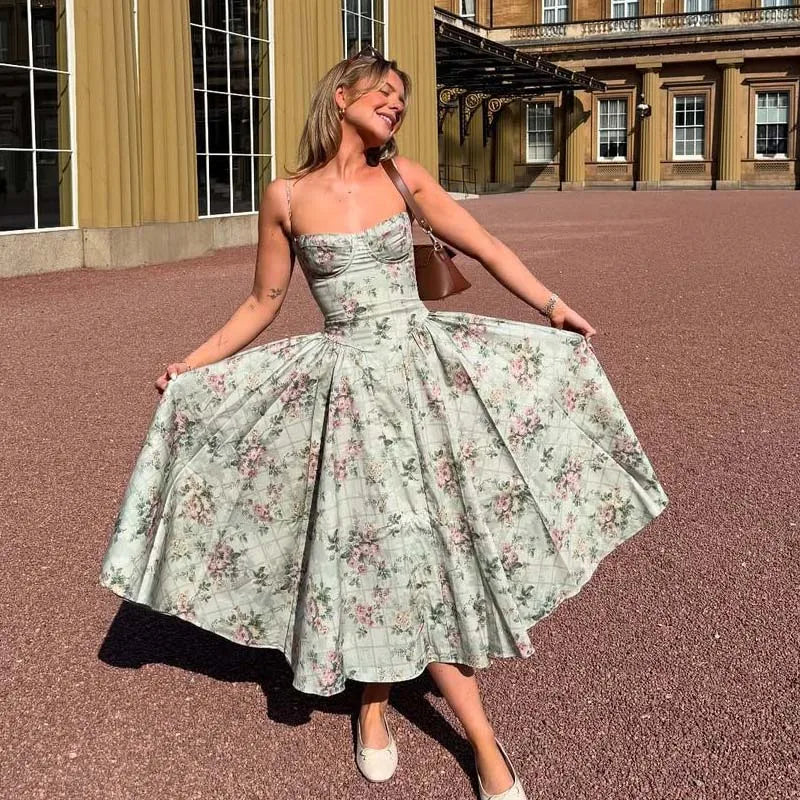 Floral Print Spaghetti Strap Midi Summer Dress