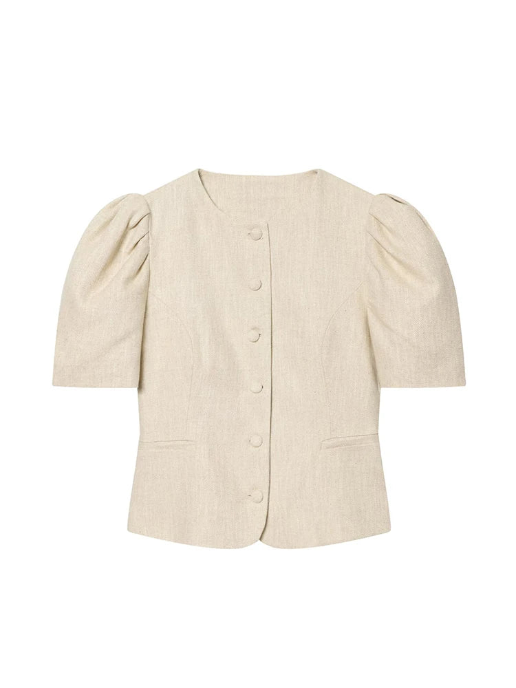 Women's Puff Sleeve Slim Jacket - Short Single-Breasted Casual Chic Coat