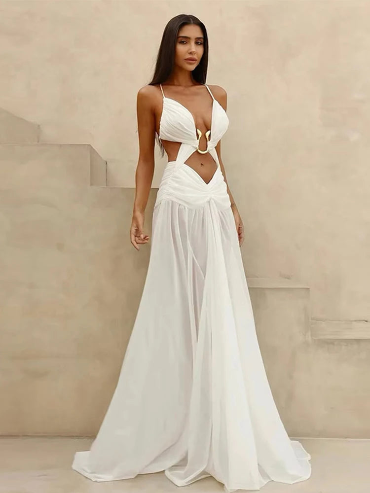 Women's Metal Halter Maxi Dress - Hollow Out Backless Beach Dress