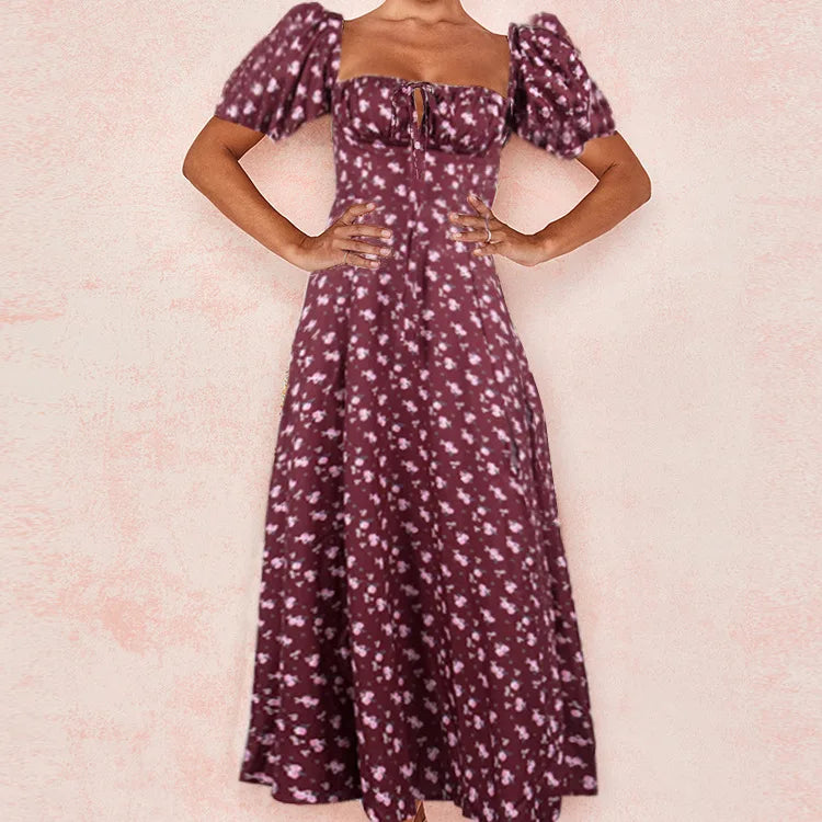 Women's Floral Print Bubble Sleeve Maxi Dress - Square Neck Lace-Up High Waist Split Dress