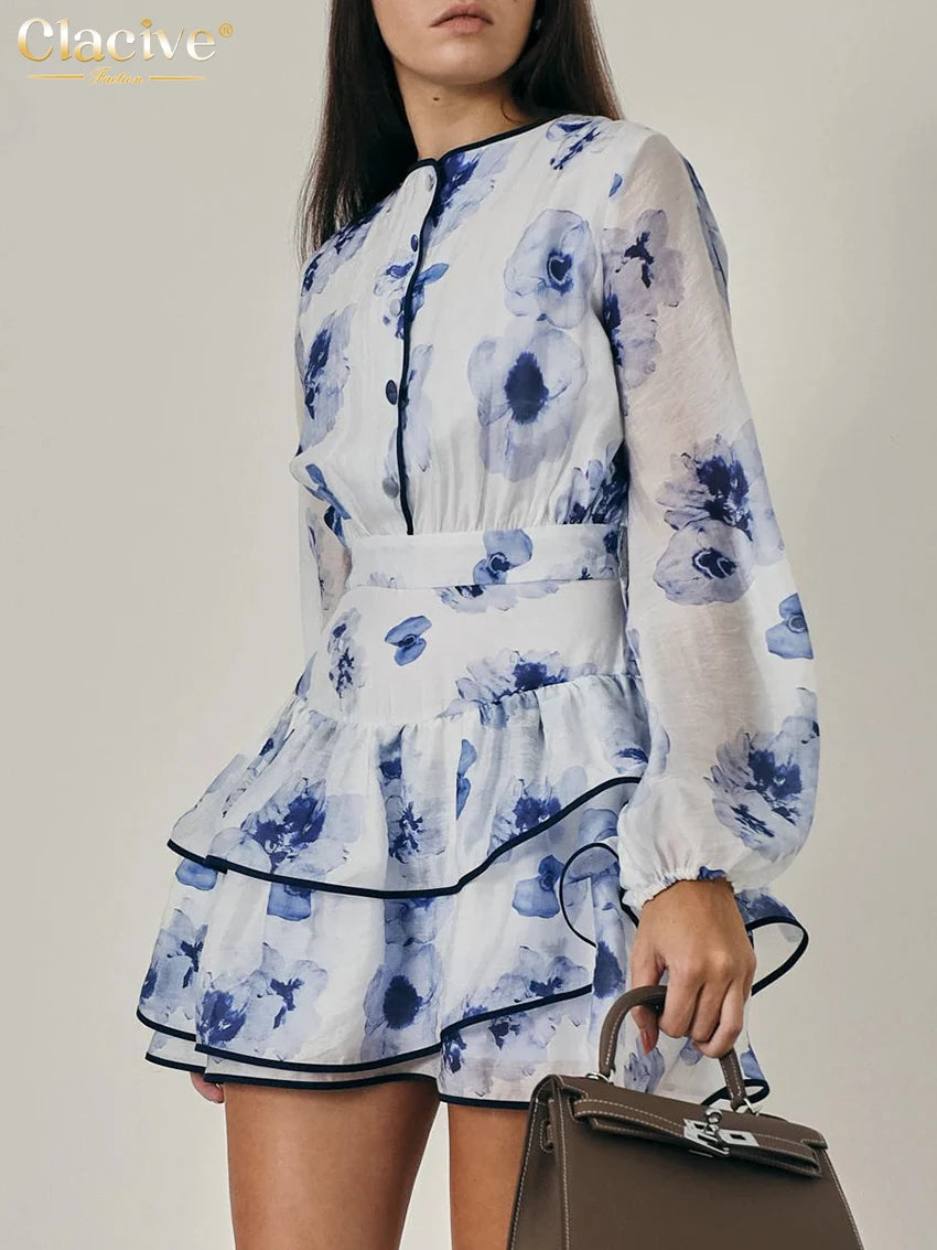 Women's Printed Long Sleeve Mini Dress - O-Neck High Waist Pleated A-Line Dress