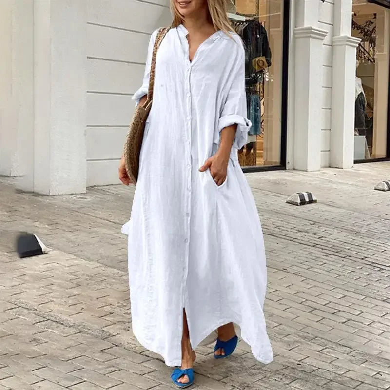 Women's Cotton Linen Maxi Dress - Loose Button Casual Dress