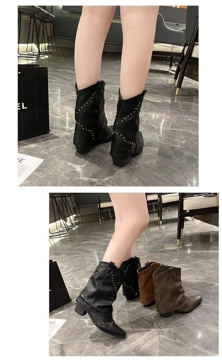 Retro Western Cowboy Boots - Pointed Toe Block Heel Mid-Calf Boots for Women