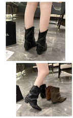 Retro Western Cowboy Boots - Pointed Toe Block Heel Mid-Calf Boots for Women