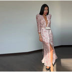 Women's Printed V-Neck Pleated Midi Dress - Half Sleeve Empire Waist Holiday Dress