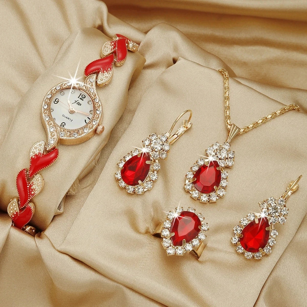 Women's 5-Piece Jewelry Set - Diamond Bracelet Watch & Water Drop Accessories