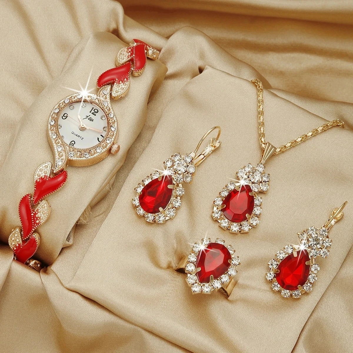 Women's 5-Piece Jewelry Set - Diamond Bracelet Watch & Water Drop Accessories