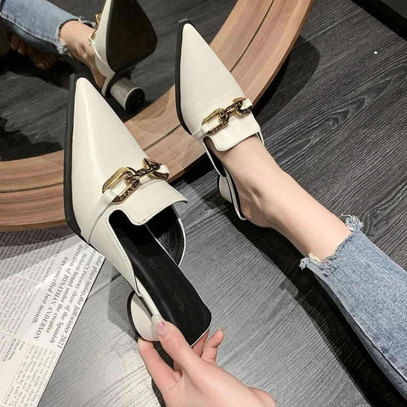 Block Heel Mules - Closed Toe Slip-On Loafers for Women