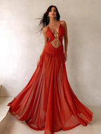 Women's Metal Halter Maxi Dress - Hollow Out Backless Beach Dress