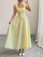 Vestido Casual Amarillo para Mujer | Smocked, Cuello Cuadrado, Largo hasta el Tobillo