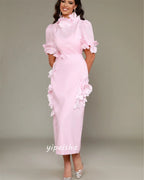 Formal Evening Gown - High Collar Straight Silhouette with Floral Appliques