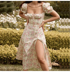 Women's Floral Print Bubble Sleeve Maxi Dress - Square Neck Lace-Up High Waist Split Dress