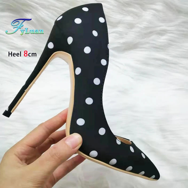 Silk Polka Dot Stiletto Pumps - Pointed Toe High Heels for Women
