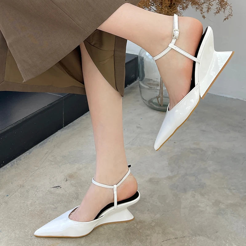 Sculptural Heel Pointed Toe Pumps - Buckle Strap Fashion Heels for Women