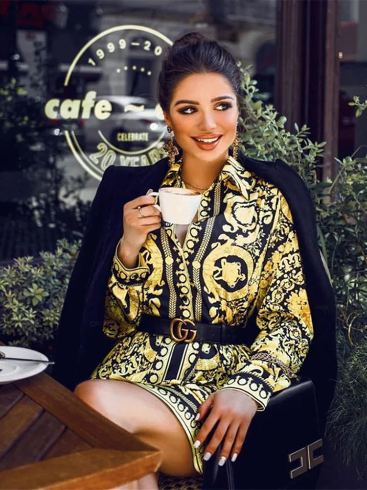 Printed Boho Shirt Dress - Long Sleeve V-Neck Mini Dress for Women