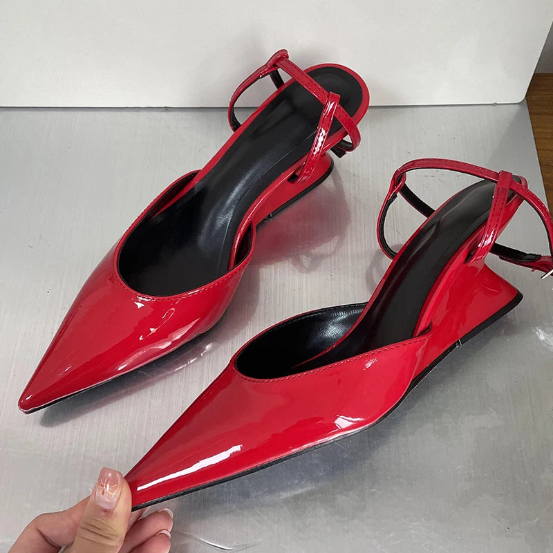 Sculptural Heel Pointed Toe Pumps - Buckle Strap Fashion Heels for Women