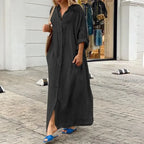 Women's Cotton Linen Maxi Dress - Loose Button Casual Dress