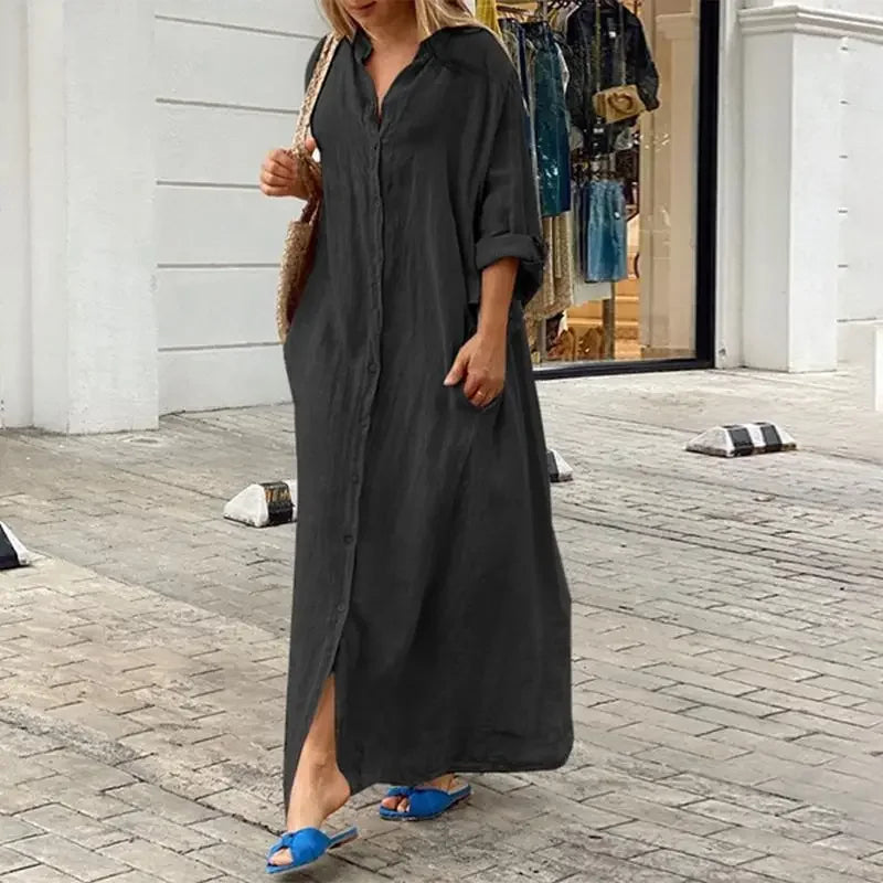 Women's Cotton Linen Maxi Dress - Loose Button Casual Dress