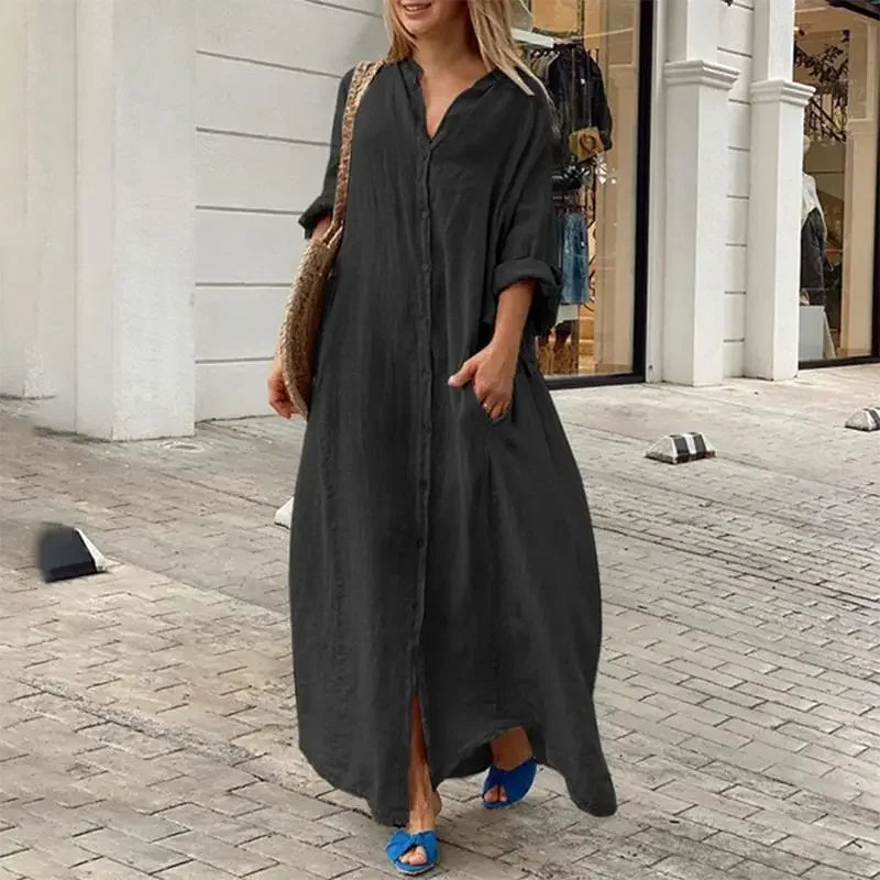 Women's Cotton Linen Maxi Dress - Loose Button Casual Dress