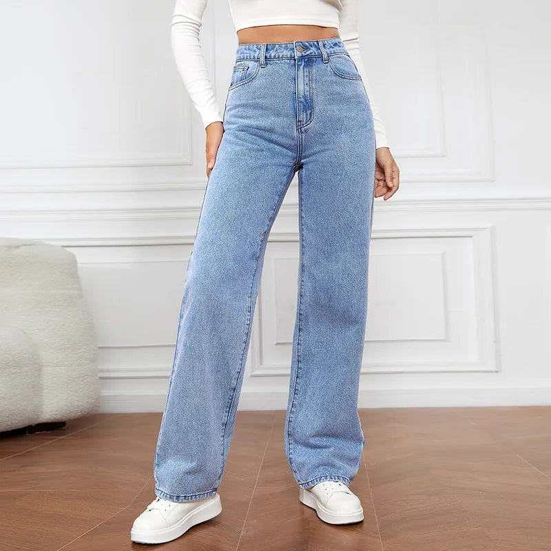 Y2K High Waist Straight Jeans - Retro Baggy Denim Pants for Women