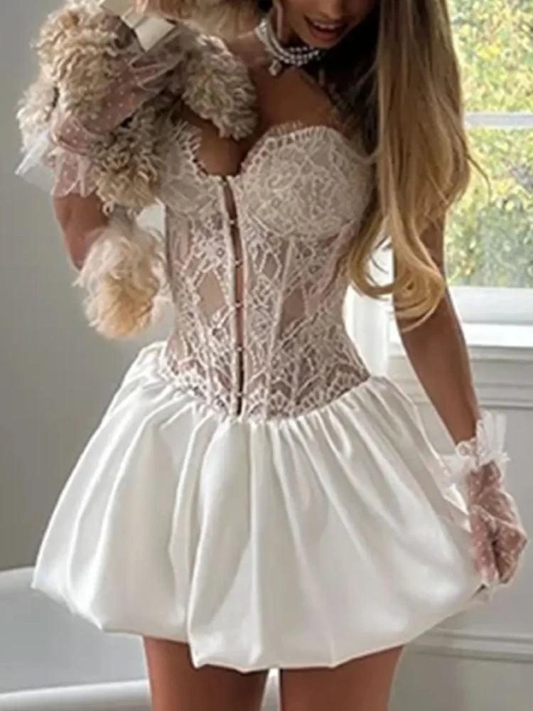 Women's Lace Corset Mini Dress - Off-Shoulder High Waist Evening Party Dress
